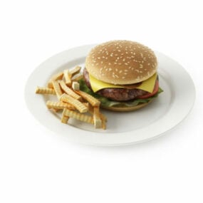Hamburger Fries Food On Plate 3d model