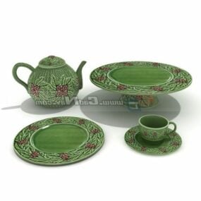 3д модель набора чайных чашек с ручной росписью