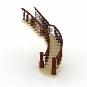 Cầu thang nhà cong có tay vịn bằng gỗ mô hình 3d