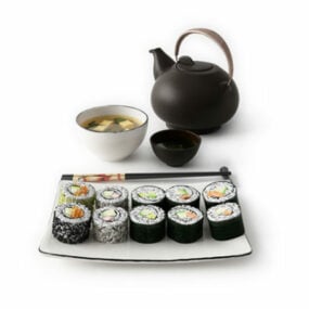 אוכל סושי יפני עם ערכת תה דגם תלת מימד
