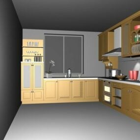 โมเดล 3 มิติเค้าโครงการออกแบบห้องครัวรูปตัว L ขนาดเล็ก