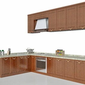 Modello 3d di design della cucina in legno a forma di L