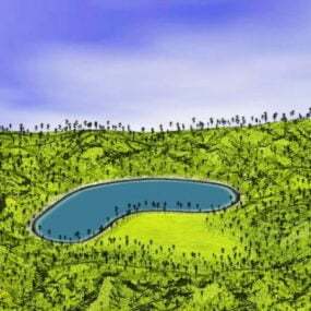 風景湖と緑の丘3Dモデル