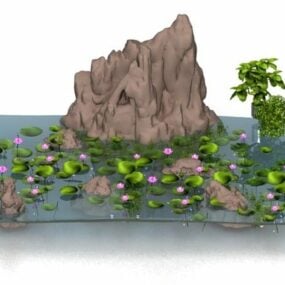 岩の装飾が施された蓮の池3Dモデル