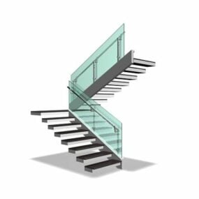 家のオープン階段ガラス手すり3Dモデル