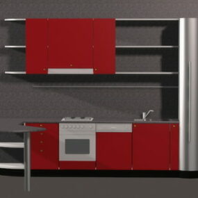 Mô hình 3d thiết kế nhà bếp góc L màu đỏ