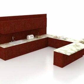3д модель красных U-образных кухонных шкафов