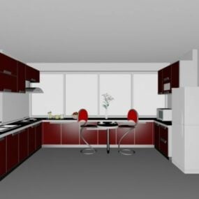 Red Color U Shape Kitchen Design 3d model