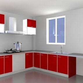 3д модель угловых кухонных шкафов красного цвета