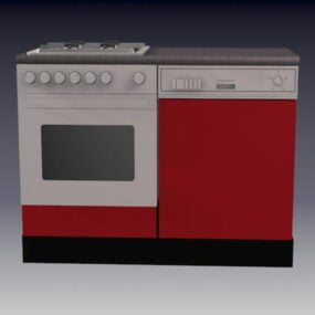 Mô hình 3d tủ bếp gas đơn màu đỏ