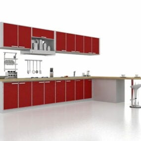 Red Kitchen Cabinet With Equipments 3d model