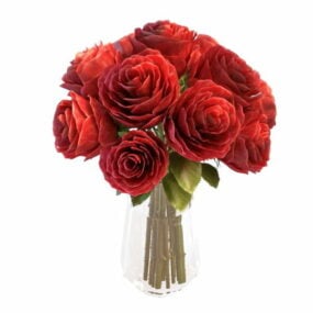 玻璃花瓶中的红玫瑰花3d模型