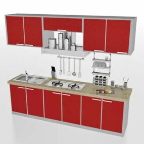 Modello 3d di progettazione cucina dritta rossa