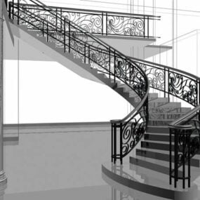 Hotel-Wohnzimmer, gebogene Treppe, 3D-Modell