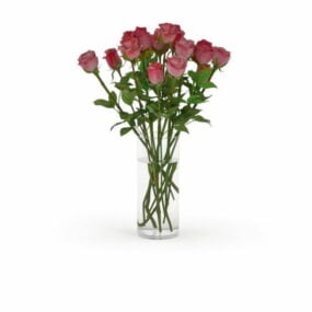Florero de cristal con rosas, decoración, modelo 3d.