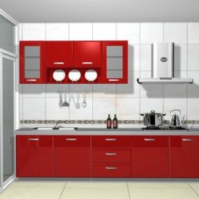 Small Red Color Galley Kitchen 3d model