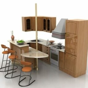 3d модель маленької дерев'яної кухні з барною стійкою