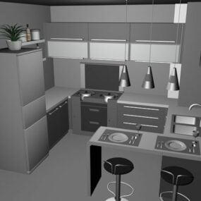 Cocina de apartamento pequeño con mostrador modelo 3d
