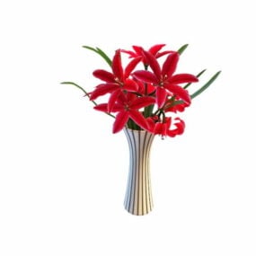 Red Flowers In Striped Vase 3d model