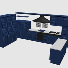 Modelo 3d de design de gabinete azul de cozinha em U