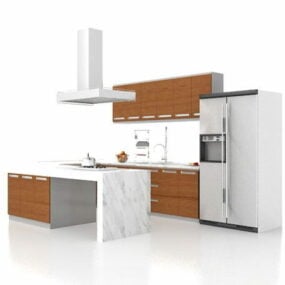 バー付きのU字型キッチンデザイン3Dモデル