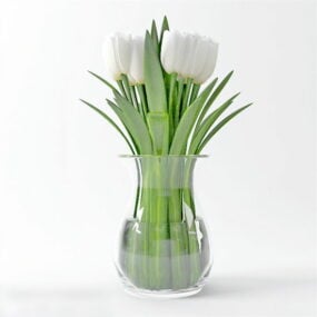 โมเดล 3 มิติแจกันแก้วประดับดอกไม้สีขาว