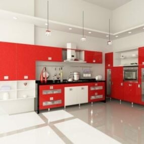 Modelo 3D de design de cozinha em cor vermelha branca