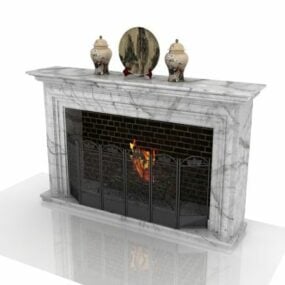 花瓶の装飾が施された白い石の暖炉3Dモデル