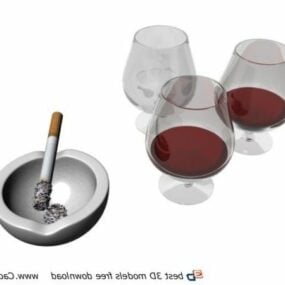 Ashtray With Wine Glasses On Desk 3d model