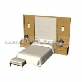 3д модель деревянной кровати с табуреткой