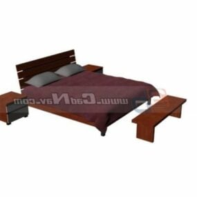 سرير خشبي مزدوج مع طاولات بجانب السرير نموذج ثلاثي الأبعاد