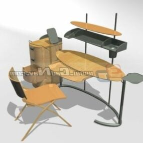 Modelo 3D de mesa de computador com móveis de madeira