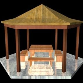 Gazebo asiatico in legno con tavolo modello 3d