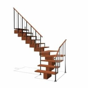 راه پله چوبی خانه با نرده مدل سه بعدی