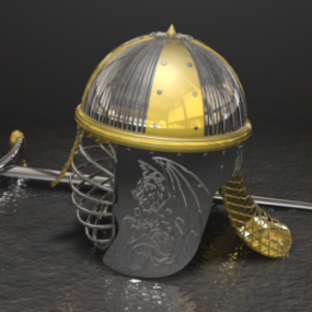 Mô hình 3d Mũ bảo hiểm và Thanh kiếm thời Trung cổ