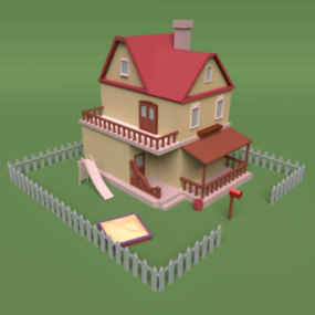 Lowpoly 2D model domu s červenou střechou o 3 podlažích