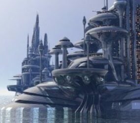 3д модель города будущего с космическим кораблем