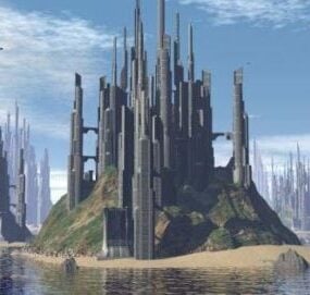 Modelo 3d de ficção científica futura cidade tropical