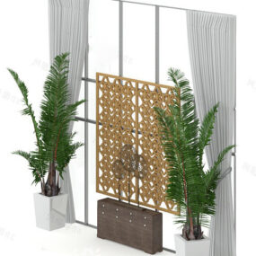 Wooden Screen Decoration With Curtain 3d model