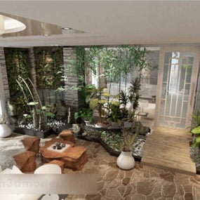 Modello 3d interno con vista sul giardino con balcone