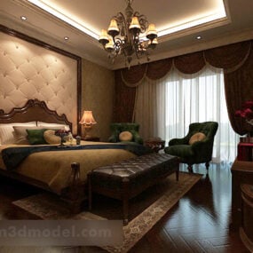 3д модель интерьера спальни с большой двуспальной кроватью