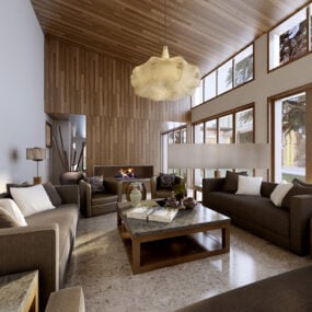 3D model interiéru obývacího pokoje s širokými okny