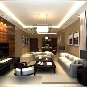 Sala de estar con iluminación cálida modelo 3d