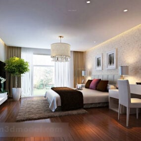 现代卧室内饰与盆栽植物3d模型
