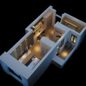एक बेडरूम होम प्लेन इंटीरियर 3डी मॉडल