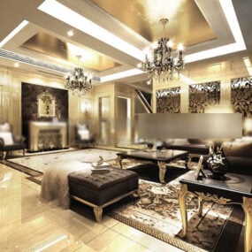Modelo 3d interior de sala de estar de decoración moderna europea