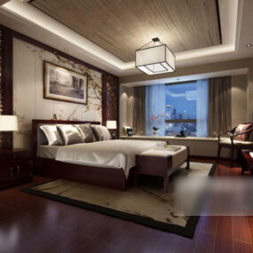 Wooden Chinese Style Bedroom Interior 3d model
