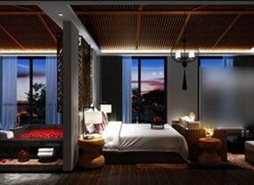 Hotel Wood Ceiling Bedroom Interior 3d model