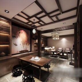 Interior de restaurante chino estilo madera modelo 3d