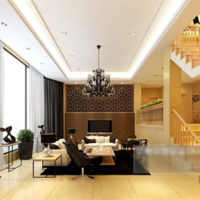 3д модель интерьера двухуровневой гостиной на вилле